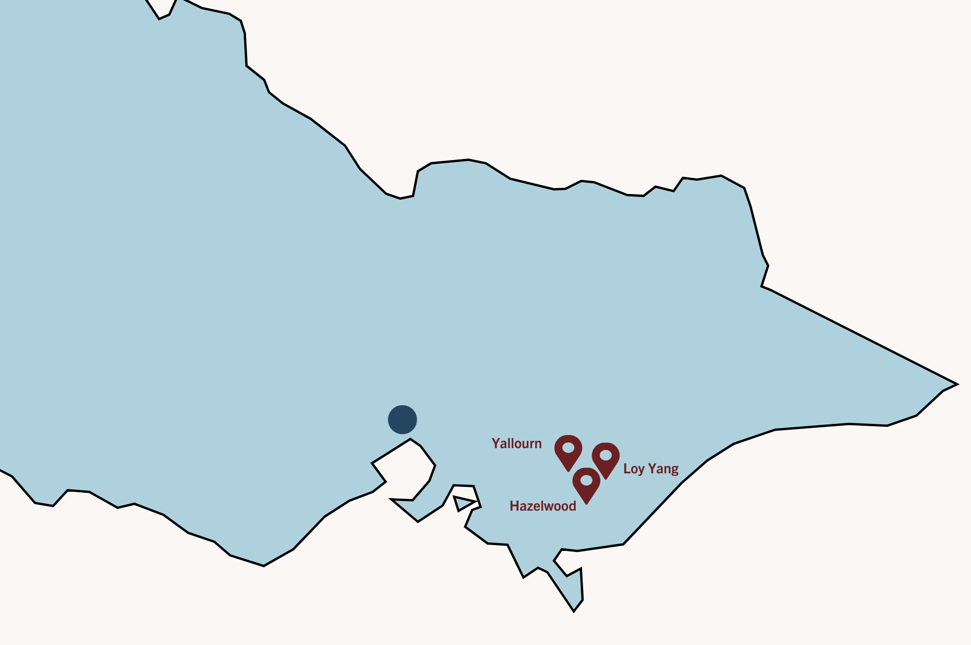 A simple map of three Latrobe Valley mines in Victoria. The three mines are indicated with maroon markers: Yallourn, Loy Yang and Hazelwood.