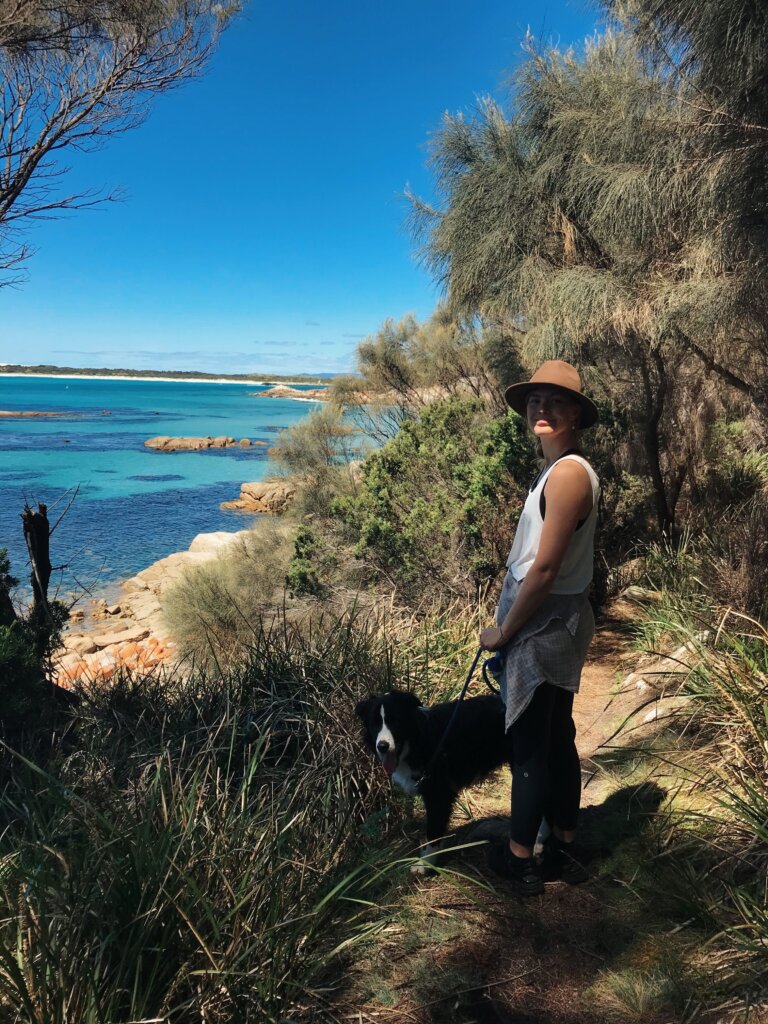 Social Justice Lawyer, Isabella Farrell Hallegraeff, at the Bay of Fires Conservation Area, Lutruwita/Tasmania.