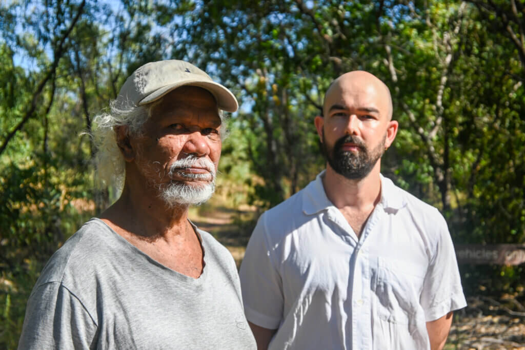 Senior Larrakia Danggalaba Elder and Traditional Owner Tibby Quall and EJA senior lawyer Kip Frawley.