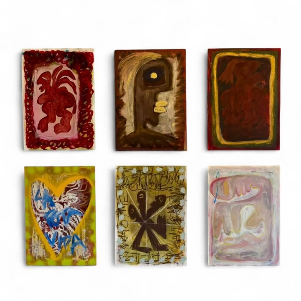 6 of Zoe's abstract artworks in earthy, rusted tones on a white background.