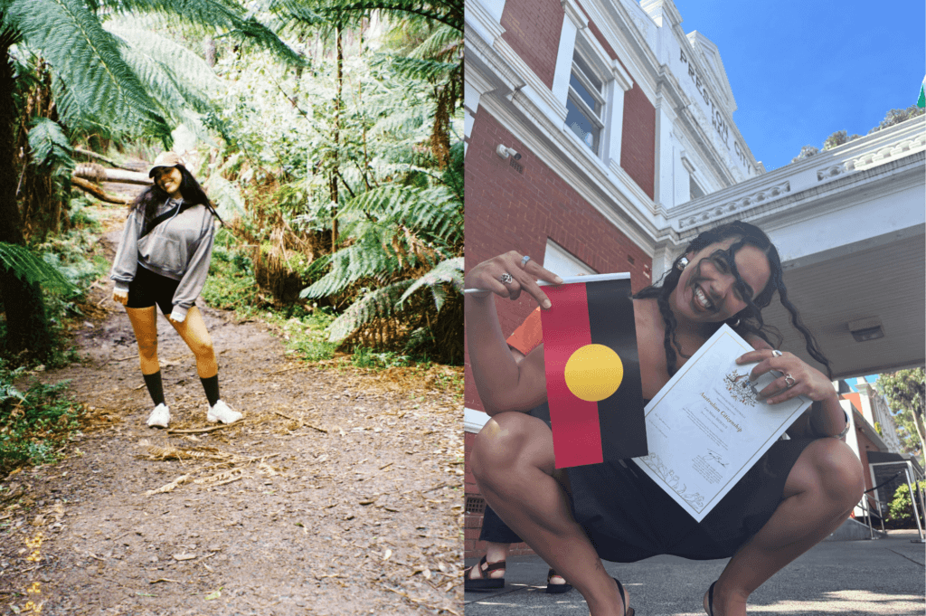 Zoe in a rainforest, and Zoe celebrating with an Aboriginal flag after getting her Australian citizenship.