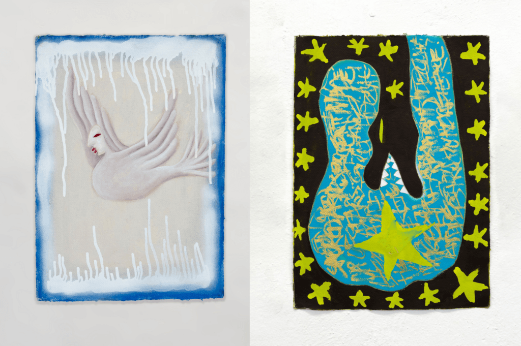Tow of Zoe's artworks, one featuring an abstract dove, another a starry night.