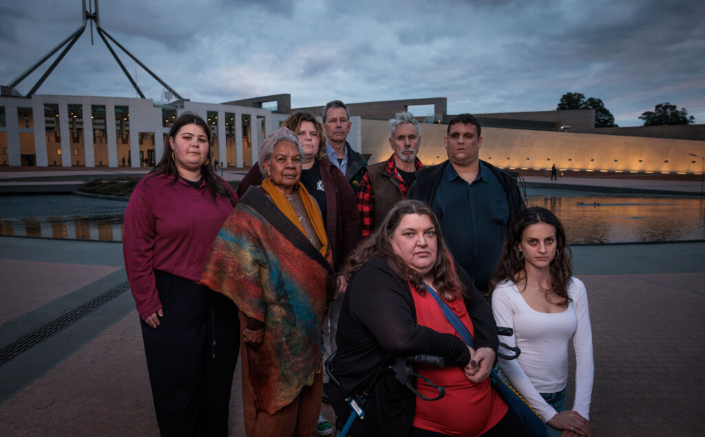 10 Hard Truths Case claimants outside Parliament House, Canberra.